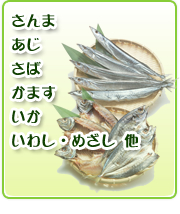 干物：さんま・あじ・さば・かます・いか・イワシ・めざし　など